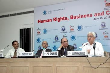 FICCI Events: L-R: Brig. Rajiv Williams, Convener, Human Rights Sub-Committee, Global Compact Network & Corporate Head, CSR, JSL Stainless Ltd., Mr. Paresh Tewary, Director, FICCI-Aditya Birla CSR Centre for Excellence, Mr. P.C. Sharma, Member, National Human Rights Commission, Shri Salman Khursheed, Hon'ble Minister of Law & Justice and Minority Affairs